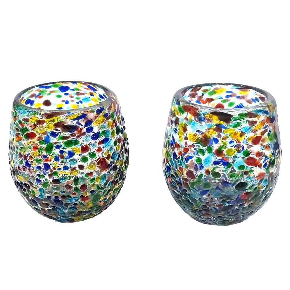 2 Fused Recycled Art Glass Rainbow Confetti Votive Tealight or Candle Holders - Picture 4 of 8